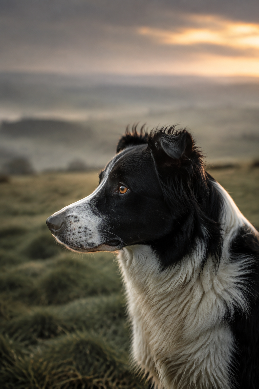 Illustrated close view of an attentive collie, its eye turned towards the field.