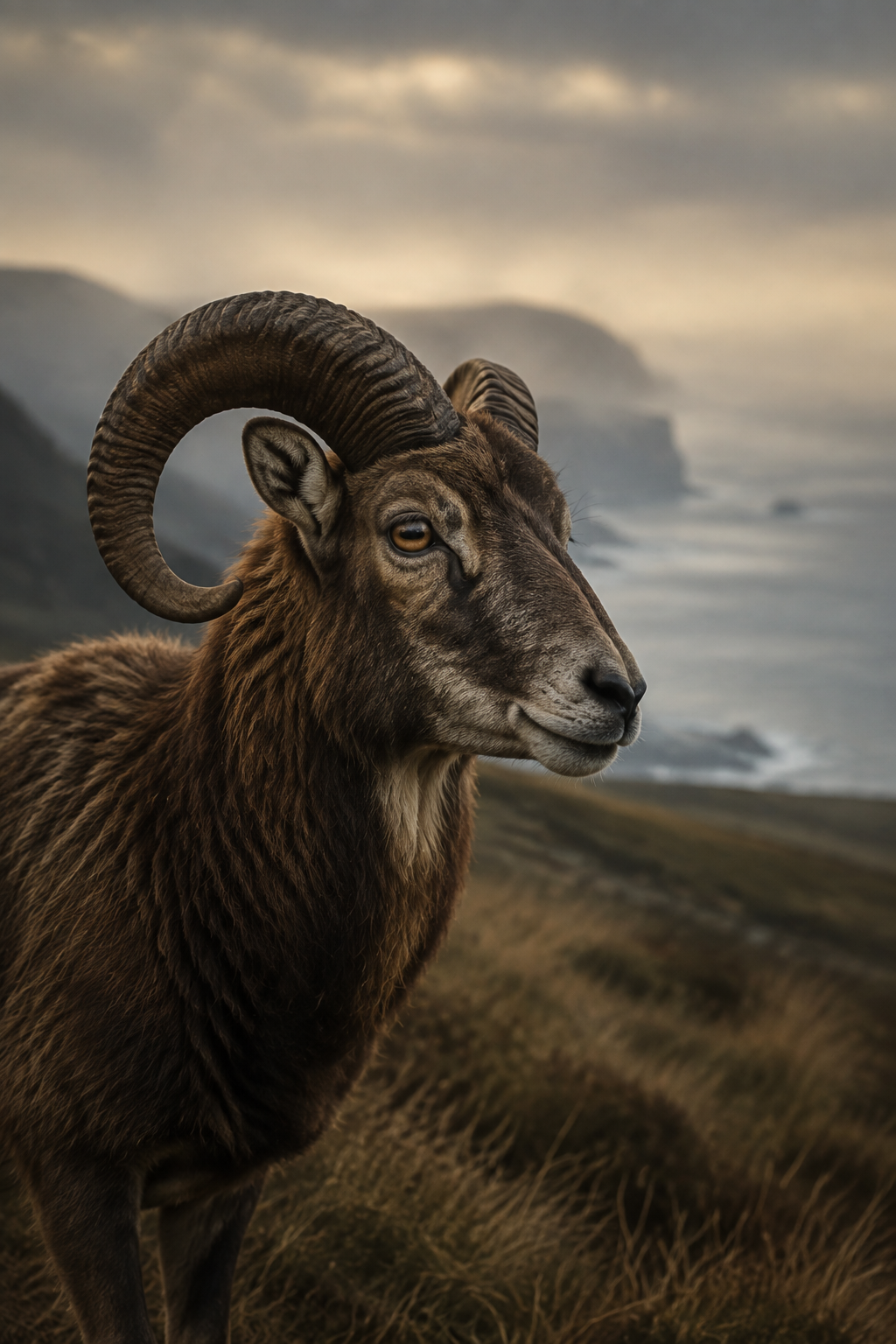 Illustrated Soay ram in profile, with a curled horn and rough brown wool against a softly focused coastline.