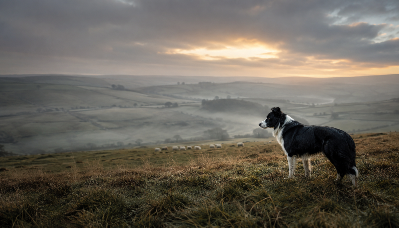 Illustrated Border Collie watching a flock in the mist of a British upland dawn.