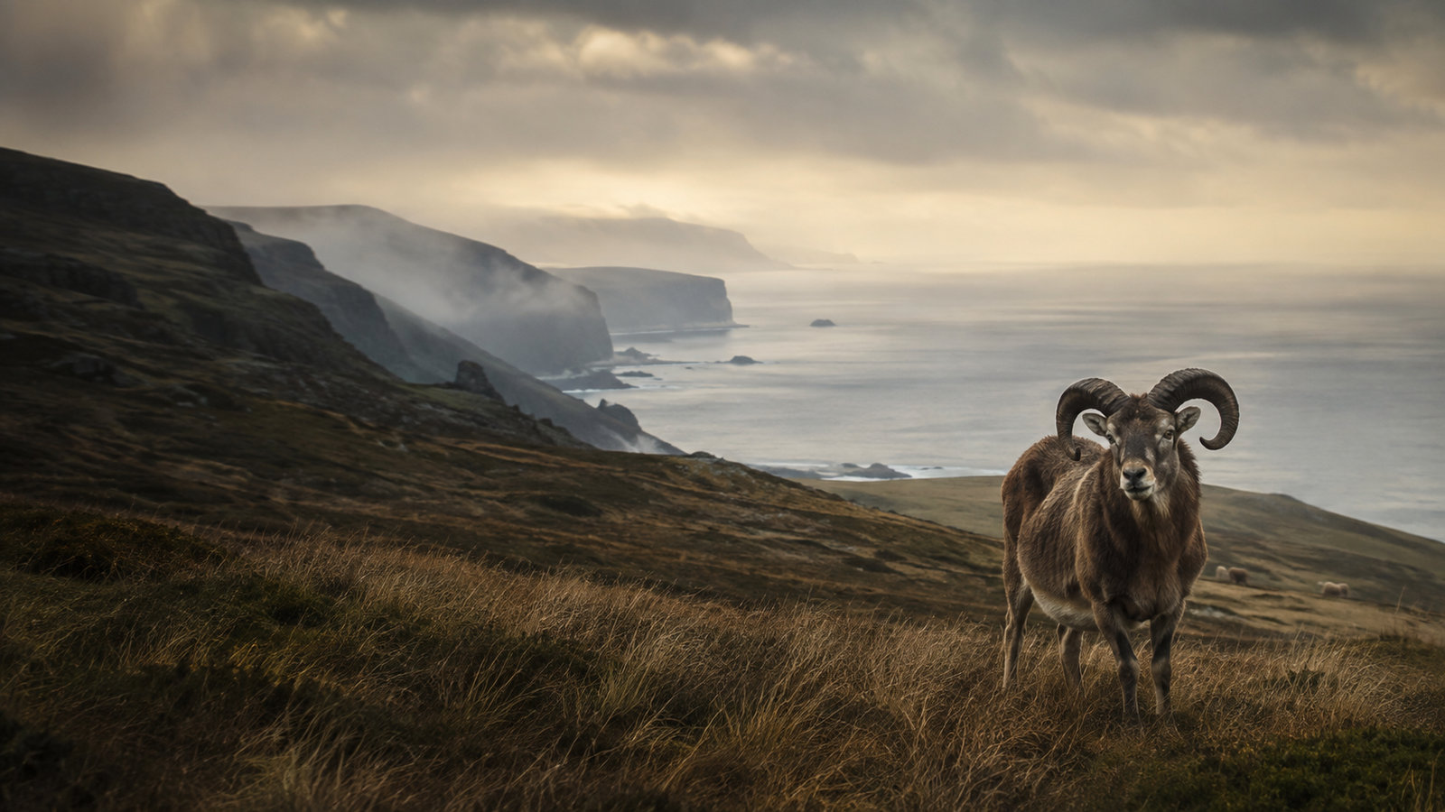 Illustrated brown Soay ram on an imagined Atlantic island hillside, with sea cliffs in the morning mist.