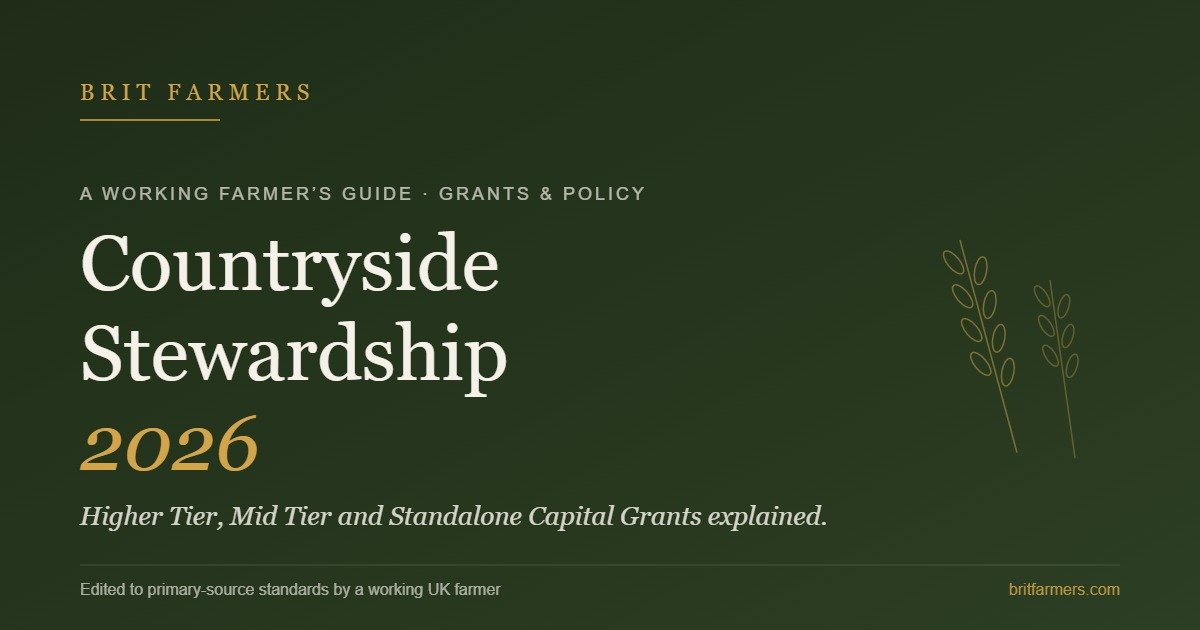 Countryside Stewardship 2026 — a working farmer's guide to Higher Tier, Mid Tier and Standalone Capital Grants. BritFarmers hero card on a dark green background with wheat motif.
