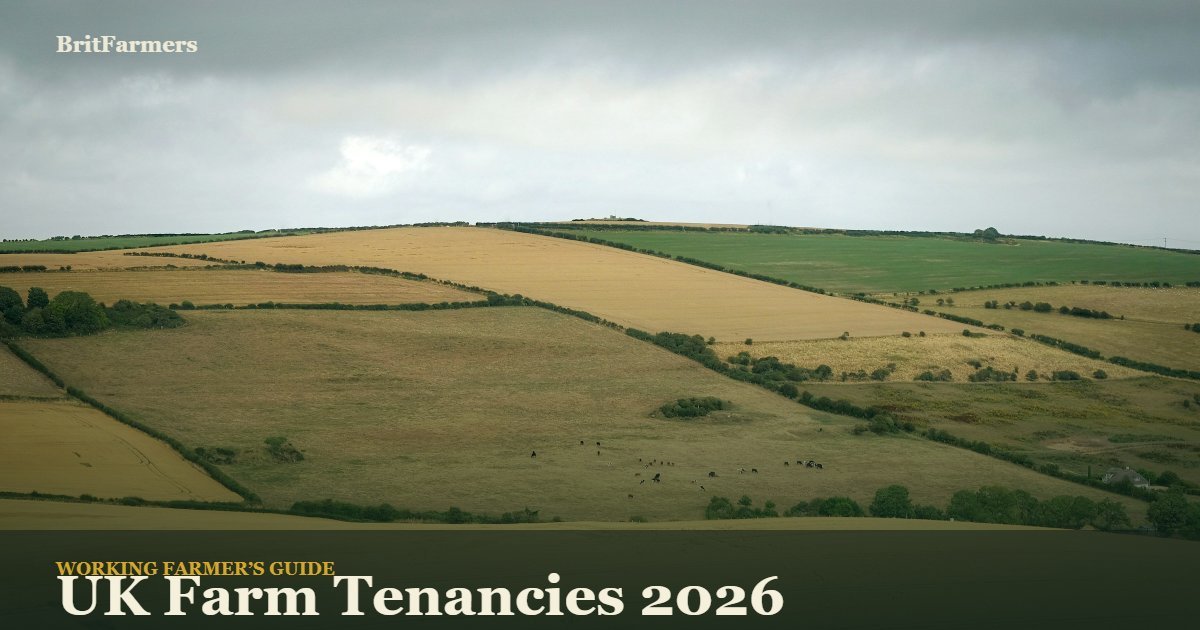 Open arable landscape with hedgerows under a cloudy English sky.