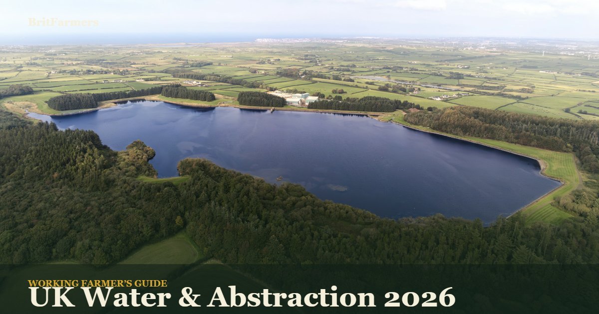 A farm reservoir surrounded by green agricultural fields.