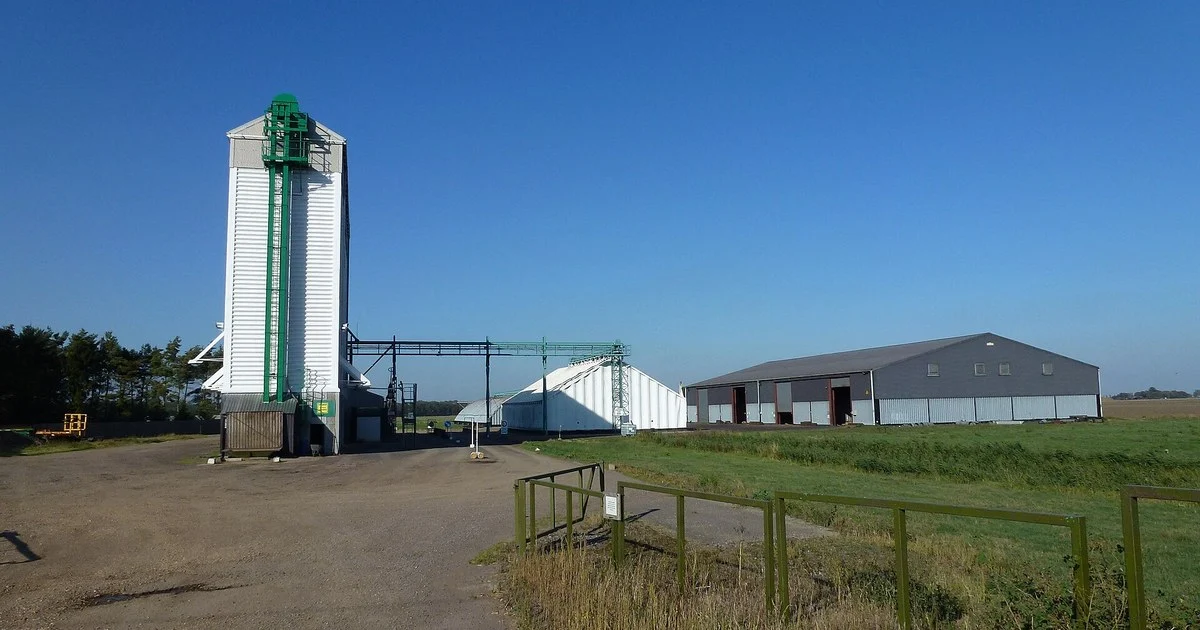 Grain dryer and storage sheds at Knarr Farm